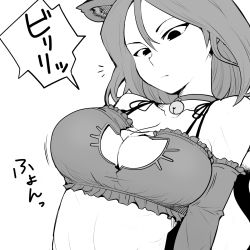 Rule 34 | 10s, 1girl, animal ears, bare shoulders, bell, bra, breasts, bursting breasts, cat cutout, cat ears, cat lingerie, choker, cleavage, cleavage cutout, clothing cutout, detached sleeves, fake animal ears, girls und panzer, greyscale, henyaan (oreizm), highres, jingle bell, large breasts, long hair, meme attire, monochrome, neck bell, nonna (girls und panzer), solo, torn bra, torn clothes, underwear, upper body