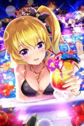 Rule 34 | 1girl, absurdres, alternative girls, bare arms, barefoot, bikini, black bikini, blonde hair, breasts, chain necklace, city, cleavage, cup, flower, food, fruit, highres, holding, holding cup, jewelry, looking at viewer, mizushima airi, necklace, night, official art, open mouth, orange (fruit), pool, purple eyes, side ponytail, solo, swimsuit, tropical drink
