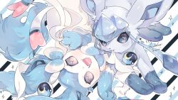 Rule 34 | :d, alternate color, animal focus, blue eyes, blue fur, blue theme, bright pupils, claws, commentary, commission, creatures (company), fangs, game freak, gen 4 pokemon, gen 6 pokemon, glaceon, hideko (l33l3b), highres, looking at viewer, lying, moon ball, mouth hold, nintendo, no humans, on back, on stomach, open mouth, pink eyes, poke ball, pokemon, pokemon (creature), reaching, reaching towards viewer, ribbon, ribbon in mouth, shiny pokemon, signature, smile, sparkle, striped, striped background, sylveon, symbol-only commentary, twitter username, white pupils