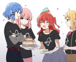 Rule 34 | 4girls, ahoge, amogan, belt, black pants, blonde hair, blue eyes, blue hair, bocchi the rock!, bow, bowtie, breasts, brown eyes, cake, cake slice, commentary request, food, fork, gotoh hitori, grey skirt, hair ornament, hairclip, hat, highres, holding, holding fork, holding plate, ijichi nijika, kita ikuyo, medium breasts, multiple girls, one side up, open mouth, pants, party hat, pink bow, pink bowtie, pink hair, pink pants, plate, pleated skirt, red belt, red eyes, red hair, shirt, side ponytail, sidelocks, skirt, small breasts, smile, suspenders, t-shirt, tongue, tongue out, yamada ryo
