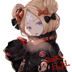 Rule 34 | 1girl, abigail williams (fate), abigail williams (traveling outfit) (fate), black bow, black jacket, blonde hair, blue eyes, blush, bow, commentary request, dated, fate/grand order, fate (series), food, food in mouth, hair bow, hair bun, head tilt, heroic spirit traveling outfit, jacket, long hair, long sleeves, looking at viewer, mouth hold, natsujiru, official alternate costume, orange bow, parted bangs, parted lips, pocky, pocky day, polka dot, polka dot bow, simple background, single hair bun, sleeves past fingers, sleeves past wrists, solo, star (symbol), teeth, transparent background, upper body, upper teeth only, white background