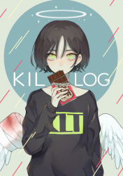 Rule 34 | 1boy, arm at side, arm up, black shirt, blood, bloody wings, candy, chocolate, chocolate bar, commentary, english commentary, feathered wings, food, green eyes, halo, highres, kirudai, long bangs, long sleeves, looking at viewer, male focus, original, shirt, short hair, solo, spread wings, white wings, wings