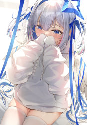 Rule 34 | 1girl, absurdres, amane kanata, angel, angel wings, asymmetrical hair, blue hair, blue ribbon, blush, colored inner hair, feathered wings, grey hair, halo, hands on own face, hands up, highres, hololive, hood, hoodie, juu p, long hair, long sleeves, looking down, multicolored hair, puffy long sleeves, puffy sleeves, red hair, ribbon, sidelocks, single hair intake, sitting, solo, star halo, streaked hair, thighhighs, thighs, very long hair, virtual youtuber, white hoodie, white thighhighs, white wings, wings