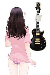 Rule 34 | 1girl, ass, bare legs, black hair, blush, chinese commentary, frilled panties, frills, from behind, guitar, highres, hitomi o, instrument, long hair, no pants, original, panties, pink shirt, purple panties, shirt, shirt tug, signature, simple background, solo, t-shirt, underwear, white background