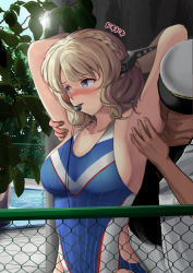 Rule 34 | 1boy, 1girl, admiral (kancolle), alternate costume, armpits, arms up, bare shoulders, black shirt, blonde hair, blue eyes, blush, braid, breasts, chain-link fence, colorado (kancolle), commentary request, competition swimsuit, day, fence, hair ornament, hat, headgear, kantai collection, large breasts, military, military uniform, mouth hold, naval uniform, one-piece swimsuit, open mouth, outdoors, peaked cap, pool, shirt, short hair, side braids, sky, smile, sunlight, sweatdrop, swimsuit, takamaru (akisora drawing), thighs, tree, uniform, whistle