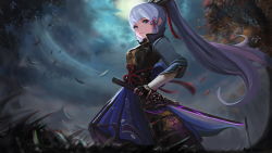 Rule 34 | 1girl, absurdres, armor, ayaka (genshin impact), blue eyes, blue hair, closed mouth, commentary, genshin impact, hair ribbon, highres, holding, holding sword, holding weapon, japanese armor, japanese clothes, light blue hair, long hair, looking at viewer, meginalter, mixed-language commentary, mole, mole under eye, moon, ponytail, red ribbon, ribbon, solo, sword, tree, tress ribbon, weapon
