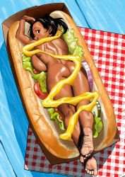 Rule 34 | 1girl, :q, arms up, arung samudra (cessa), ass, backboob, barefoot, black hair, breasts, cessa, commentary, completely nude, dark-skinned female, dark skin, english commentary, food, from above, full body, hot dog bun, kneepits, large breasts, lettuce, lying, mini person, minigirl, mustard, nude, ombok diving and delivery services, on stomach, onion, pickle, profile, shadow, solo, tomato, tongue, tongue out