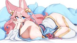 Rule 34 | 1girl, ahri (league of legends), animal ears, bare shoulders, bell, blue bow, blue eyes, blue tail, bow, breast press, breasts, closed mouth, facial mark, fox ears, fox girl, fox tail, hair bell, hair between eyes, hair bow, hair ornament, hand on own cheek, hand on own face, highres, huge breasts, japanese clothes, jingle bell, kimono, kitsune, league of legends, long hair, looking at viewer, lying, multiple tails, no panties, obi, okobo, on side, pink hair, platform footwear, sandals, sash, simple background, smile, solo, spirit blossom (league of legends), spirit blossom ahri, tail, thighhighs, thighs, whisker markings, white background, white kimono, white thighhighs, wide sleeves, yabby