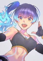 Rule 34 | 1girl, arm up, black hair, blue shorts, breasts, chest jewel, cosplay, crossover, detached sleeves, fiery hair, fingerless gloves, gloves, glowing lines, grey background, hair ornament, hairclip, highres, looking at viewer, medium breasts, midriff, multicolored hair, navel, open mouth, sena (xenoblade), shorts, shoulder strap, simple background, solo, sports bra, tan, tank top, tattoo, toned, ug333333, upper body, xenoblade chronicles (series), xenoblade chronicles 3