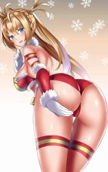 Rule 34 | 1girl, armband, ass, bad id, bad pixiv id, bare shoulders, bell, bikini, blonde hair, blue eyes, blush, bradamante (fate), braid, breasts, christmas, elbow gloves, fary5, fate/grand order, fate (series), french braid, fur collar, gloves, gradient background, hair between eyes, highres, hip focus, long hair, looking at viewer, looking back, open mouth, red bikini, revision, smile, snowflake background, solo, swimsuit, thighs, twintails