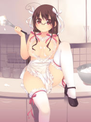 Rule 34 | 1girl, ahoge, apron, arima senne, bowl, breasts, brown hair, covered erect nipples, cream, earrings, female focus, glasses, indoors, jewelry, kashiwamochi yomogi, large breasts, lingerie, long hair, mary janes, mole, mole on breast, naked apron, nipples, original, red eyes, see-through, shoes, sitting, smile, solo, thighhighs, underwear, whisk, white thighhighs