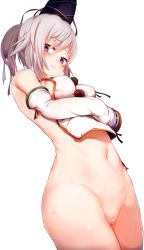 Rule 34 | 1girl, arm under breasts, bar censor, blush, bottomless, breasts, censored, cleft of venus, closed mouth, commentary request, detached sleeves, embarrassed, hagure kedama, half-closed eyes, hat, highres, japanese clothes, legs together, long sleeves, medium breasts, mononobe no futo, navel, ponytail, purple eyes, pussy, shirt, short hair, silver hair, simple background, solo, sweat, tate eboshi, touhou, white background, white shirt, wide sleeves