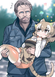 Rule 34 | 1boy, 1girl, animal ears, apron, blonde hair, blush, bow, bowtie, brown eyes, carrying, collared shirt, empty eyes, extra ears, eye contact, hair between eyes, highres, holding, holding person, jacket, kemono friends, long sleeves, looking at another, real life, shirt, short hair, tail, tanaka kusao, thighhighs, thylacine (kemono friends), white hair, white shirt