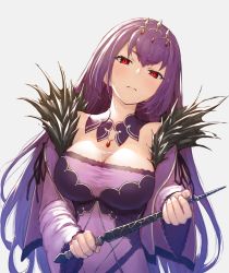 Rule 34 | 1girl, bare shoulders, breasts, cleavage, closed mouth, detached collar, dress, fate/grand order, fate (series), fur trim, hair between eyes, jewelry, large breasts, long hair, looking at viewer, necklace, pendant, purple dress, purple hair, pyz (cath x tech), red eyes, scathach (fate), scathach skadi (fate), simple background, solo, tiara, wand, white background