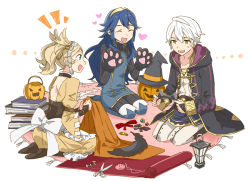 Rule 34 | 1boy, 2girls, ^^^, animal ears, animal hands, aunt and niece, backless outfit, black footwear, blonde hair, blue eyes, blue footwear, blue hair, book, book stack, boots, cat ears, closed eyes, feathers, fire emblem, fire emblem awakening, fire emblem heroes, gloves, hair ornament, hat, heart, jack-o&#039;-lantern, lantern, lissa (fire emblem), long hair, long sleeves, looking at another, lucina (fire emblem), menoko, multiple girls, nintendo, open mouth, pants, paw gloves, ribbed sweater, ribbon, robe, robin (fire emblem), robin (male) (fire emblem), scissors, seiza, shoes, short hair, silver hair, sitting, smile, spool, string, sweatdrop, sweater, thigh boots, thighhighs, turtleneck, twintails, vest, wide sleeves, witch hat, yellow eyes