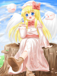 Rule 34 | 2girls, :&lt;, blonde hair, blue dress, blue eyes, blue hair, blue sky, boots, bow, cherry blossoms, cirno, cloud, day, dress, female focus, grass, hair bow, hat, hat bow, hiono, hiono (taiyayaki), kedama (touhou), leaf, lily white, long hair, looking at another, mini person, minigirl, multiple girls, o o, open hand, open mouth, sash, sitting, sky, touhou, tree stump, white dress