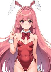 Rule 34 | 1girl, akahara tyun, animal ears, arm up, bare shoulders, bow, bowtie, breasts, covered navel, detached collar, fake animal ears, groin, highleg, highleg leotard, leotard, long hair, looking at viewer, medium breasts, original, pink eyes, pink hair, playboy bunny, rabbit ears, red leotard, small breasts, solo, strapless, strapless leotard, thigh gap, thighs, very long hair, wrist cuffs