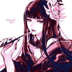 Rule 34 | 1girl, bare shoulders, black nails, blunt bangs, commentary, dated, final fantasy, final fantasy xiv, flower, hair flower, hair ornament, hand up, holding, holding smoking pipe, hyur, japanese clothes, kimono, kiseru, lace collar, limited palette, long hair, looking at viewer, mole, mole under mouth, nail polish, off shoulder, parted lips, portrait, sidelocks, signature, simple background, smoking pipe, solo, uroko (mnr), white background, yotsuyu goe brutus