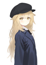 Rule 34 | 1girl, absurdres, animal ears, black bow, black bowtie, black hat, blonde hair, blue jacket, blush, bow, bowtie, cabbie hat, closed mouth, collared shirt, copyright request, from side, hat, highres, jacket, long hair, looking at viewer, looking to the side, shirt, simple background, solo, upper body, wasabi60, white background, white shirt, wing collar, yellow eyes