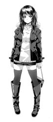 Rule 34 | &gt;:(, 1girl, bag, boots, casual, coat, frown, full body, greyscale, handbag, highres, jewelry, jpeg artifacts, knee boots, monochrome, nagayori, necklace, open clothes, open coat, original, simple background, skirt, solo, standing, sweater, thighhighs, v-shaped eyebrows, white background, zettai ryouiki