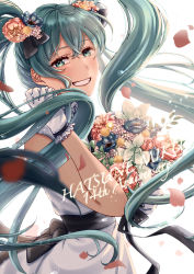 Rule 34 | 1girl, absurdres, aqua hair, black bow, blue flower, bouquet, bow, character name, dress, floating hair, flower, from side, gloves, green eyes, grin, hair between eyes, hair bow, hair flower, hair ornament, hatsune miku, highres, holding, holding bouquet, long hair, looking at viewer, motion blur, petals, pink flower, sleeveless, sleeveless dress, smile, solo, standing, tokioka a7, twintails, very long hair, vocaloid, white dress, white gloves
