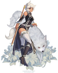 Rule 34 | 1girl, animal ears, belt, boots, breasts, caesty, chain, dark skin, detached sleeves, dress, floral background, fox, fox ears, fox tail, knee boots, long dress, multiple belts, original, oversized object, pencil, purple eyes, short hair, side slit, smile, solo focus, source request, tail, thigh strap, thighhighs, watermark, web address, white hair, white thighhighs
