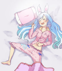 Rule 34 | 1girl, alternate costume, alternate hairstyle, animal ear fluff, animal ears, barefoot, blanket, blue hair, breasts, collarbone, drooling, closed eyes, hair down, hololive, long hair, lying, midriff, moritatsu, multicolored hair, navel, on back, open mouth, pajamas, pillow, pink pajamas, rabbit ears, saliva, scratching stomach, sleeping, small breasts, solo, streaked hair, thick eyebrows, two-tone hair, usada pekora, virtual youtuber, white hair
