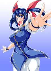 Rule 34 | 1girl, ahoge, blue eyes, blue hair, blush, breasts, chinese clothes, fatal fury, futaba hotaru, garou: mark of the wolves, hair ribbon, kanten, large breasts, long hair, matching hair/eyes, open mouth, outstretched hand, ribbon, simple background, smile, snk, solo, twintails, wristband