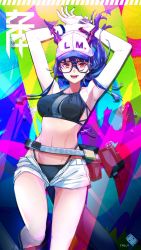 Rule 34 | 1girl, :d, alternate costume, arknights, armpits, arms up, bare shoulders, belt, belt pouch, bikini, blue bikini, blue hair, bracelet, ch&#039;en (arknights), ch'en (arknights), cno, commentary request, dragon horns, dragon tail, female tourist c (arknights), glasses, halterneck, hat, highres, horns, horns through headwear, jewelry, looking at viewer, multicolored background, navel, official alternate costume, open mouth, peaked cap, pouch, red eyes, short shorts, shorts, sidelocks, smile, stomach, swimsuit, tail, thighs, watch, white shorts