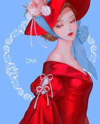 Rule 34 | &#039;o&#039;ne, 1girl, artist name, bare shoulders, blue eyes, brown hair, collarbone, dress, english text, flower, hat, hat flower, hat ribbon, makeup, open mouth, original, red dress, red headwear, red lips, ribbon, simple background
