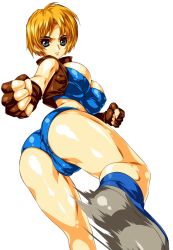 Rule 34 | ass, blonde hair, blue eyes, breasts, cameltoe, capcom, cleft of venus, denim, denim shorts, final fight, final fight 3, fingerless gloves, from behind, gloves, kicking, large breasts, lucia morgan, shiny skin, shoes, short hair, shorts, smash daisaku, sneakers, strapless, street fighter, street fighter v, superfernandoxt, thick thighs, thighs, tube top, vest