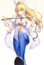 Rule 34 | 1girl, ahoge, animal ears, artoria pendragon (all), artoria pendragon (fate), artoria pendragon (swimsuit ruler) (fate), blonde hair, blue necktie, blue pantyhose, breasts, cleavage, collar, commentary request, detached collar, fake animal ears, fate/grand order, fate (series), green eyes, grey background, hair between eyes, high ponytail, highres, holding, holding whip, large breasts, leotard, long hair, looking at viewer, necktie, pantyhose, playboy bunny, poker chip, ponytail, rabbit ears, ririko (zhuoyandesailaer), shoe soles, shoes, short necktie, sidelocks, solo, strapless, strapless leotard, tiara, very long hair, whip, white collar, white footwear, white leotard, wing collar