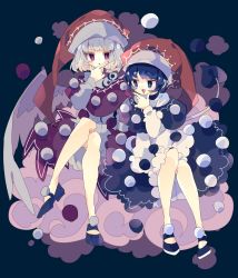 Rule 34 | 2girls, bird wings, black dress, black footwear, blue eyes, blue hair, commentary, cosplay, crossed legs, doremy sweet, doremy sweet (cosplay), dress, full body, grey dress, grey hair, hand on own chin, hat, highres, kishin sagume, long sleeves, looking at another, looking at viewer, multicolored clothes, multicolored dress, multiple girls, nightcap, nikorashi-ka, pom pom (clothes), purple eyes, red dress, red headwear, shoes, short hair, single wing, sitting, tail, thinking, touhou, white dress, white wings, wings