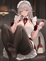 Rule 34 | 1girl, apron, blush, bottle, bow, bowtie, breasts, brown eyes, chowbie, cigarette, cigarette pack, detached collar, dress, feet, frilled dress, frills, grey hair, holding, holding cigarette, knees up, large breasts, legs, long hair, looking at viewer, maid, maid apron, maid headdress, maid master, no shoes, pantyhose, parted lips, puffy short sleeves, puffy sleeves, short sleeves, smoking, soles, solo, thighband pantyhose, toes, wine bottle