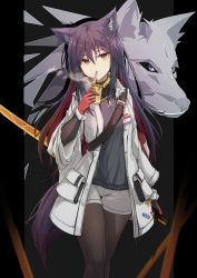 Rule 34 | 1girl, animal ears, arknights, badge, bneoul, cigarette, coat, earrings, gloves, highres, jewelry, lighter, looking away, pantyhose, purple hair, short shorts, shorts, solo, standing, texas (arknights), wolf, yellow eyes
