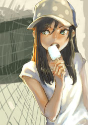 Rule 34 | 1girl, aqua eyes, aro (charged time out), bad id, bad pixiv id, baseball cap, brown hair, food, hat, holding, long hair, looking away, open mouth, original, popsicle, solo