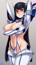 Rule 34 | 1girl, absurdres, areola slip, black hair, blue eyes, blush, breasts, cameltoe, cleft of venus, covered erect nipples, embarrassed, eyebrows, highres, jmg, junketsu, kill la kill, kiryuuin satsuki, large breasts, looking at viewer, navel, nipples, sideboob, sidelocks, skindentation, solo, standing, swimsuit, thick eyebrows, thighhighs, thighs, white background, white thighhighs