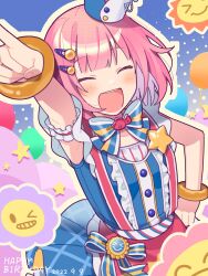 Rule 34 | 1girl, apron, arm up, bare shoulders, blue bow, blue bowtie, bow, bowtie, bracelet, buttons, closed eyes, dated, doughnut, dress, food, frills, hair ornament, hairclip, happy birthday, hat, highres, isono skyk, jewelry, mini hat, multicolored clothes, multicolored dress, ootori emu, open mouth, pink hair, pop in my heart!! (project sekai), project sekai, red apron, short hair, smile, smiley face, solo, star (symbol)