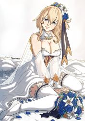 Rule 34 | 1girl, alternate costume, artist name, bed sheet, between legs, black ribbon, blonde hair, blue eyes, blush, bouquet, breasts, cleavage, commentary, dated, detached collar, detached sleeves, dress, english commentary, flower, full body, furrowed brow, garter straps, genshin impact, grey footwear, hair between eyes, hair flower, hair ornament, hair ribbon, hand between legs, heart, heart-shaped pupils, high heels, highres, jean (genshin impact), kinkymation, lace, lace-trimmed collar, lace-trimmed dress, lace trim, lily (flower), lips, looking at viewer, medium breasts, medium hair, off-shoulder dress, off shoulder, parted lips, petals, ponytail, ribbon, ringed eyes, see-through, see-through sleeves, signature, simple background, sitting, smile, solo, symbol-shaped pupils, thighhighs, wariza, wavy hair, wedding dress, white background, white dress, white thighhighs
