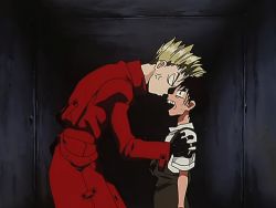 Rule 34 | 2boys, angry, animated, animated gif, black hair, blonde hair, lowres, multiple boys, trigun, vash the stampede, violence