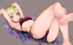 Rule 34 | 1girl, arms up, ass, bad id, bad pixiv id, barefoot, bikini, black bikini, blush, feet, foreshortening, green hair, grey background, highres, looking at viewer, lying, on back, oonaka ito, open mouth, original, pink eyes, short hair, side-tie bikini bottom, simple background, smile, soles, solo, swimsuit, thighs