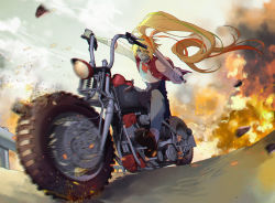 Rule 34 | 10s, 1girl, al (ahr), bandages, blonde hair, blue skirt, bousouzoku, delinquent, explosion, eyes visible through hair, green hair, grin, guard rail, hair over one eye, highres, holding, holding weapon, jacket, letterman jacket, long hair, looking at viewer, metal baseball bat, motor vehicle, motorcycle, multicolored hair, necktie, nikaidou saki, on vehicle, orange hair, pleated skirt, ponytail, red eyes, scar, scar on face, skirt, smile, solo, streaked hair, v-shaped eyebrows, vehicle focus, weapon, zombie, zombie land saga