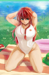 Rule 34 | 2girls, adjusting hair, alternate costume, arms behind head, bare arms, bare legs, bare shoulders, blue eyes, breasts, unworn clothes, competition swimsuit, curvy, day, grass, hong meiling, kneeling, koyubi (littlefinger1988), large breasts, looking at viewer, mouth hold, multiple girls, one-piece swimsuit, outdoors, red hair, river, sandals, smile, swimming, swimsuit, thick thighs, thighs, touhou, twintails, tying hair, wakasagihime, white one-piece swimsuit, wide hips