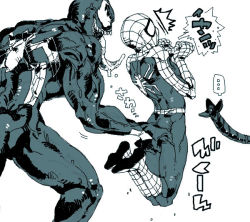 Rule 34 | 2boys, ass, ass grab, doctor octopus, full body, male focus, marvel, monochrome, multiple boys, spider-man, superhero costume, venom (marvel), white background, yaoi