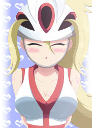 Rule 34 | 1girl, absurdres, blonde hair, blush, breasts, cleavage, closed eyes, creatures (company), game freak, gym leader, high ponytail, highres, korrina (pokemon), koukyokusei, large breasts, nintendo, pokemon, pokemon xy, ponytail, solo, tagme, two side up