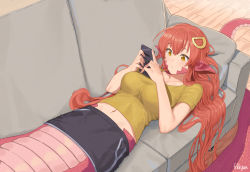 Rule 34 | 1girl, absurdres, artist name, black skirt, breasts, cellphone, collarbone, commission, commissioner upload, couch, fikkyun, hair between eyes, hair ornament, hairclip, highres, holding, holding phone, lamia, large breasts, long hair, lying, miia (monster musume), monster girl, monster musume no iru nichijou, navel, on back, phone, pillow, pointy ears, red hair, samsung, scales, shirt, short sleeves, skirt, slit pupils, smartphone, solo, yellow eyes, yellow shirt