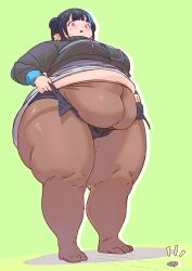 Rule 34 | 1girl, absurdres, big belly, breasts, fat, green background, hair bun, highres, large breasts, mimeticflesh, obese, original, pantyhose, pink eyes, pointy ears, popped button, short hair, simple background, solo, standing, undersized clothes