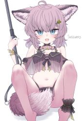 Rule 34 | 1girl, ahoge, animal ear fluff, animal ears, ankle ribbon, arknights, arm support, bare shoulders, bikini, black bikini, blue eyes, bracelet, character name, feet out of frame, fox ears, fox girl, fox tail, grey hair, hair between eyes, hair ornament, hairclip, highres, holding, holding staff, jewelry, leg ribbon, legs up, looking at viewer, material growth, navel, off-shoulder bikini, off shoulder, official alternate costume, originium (arknights), oripathy lesion (arknights), ribbon, see-through, short hair, short twintails, sitting, solo, spread legs, staff, sussurro (arknights), sussurro (summer flower) (arknights), swimsuit, tail, tkugane, twintails, white background