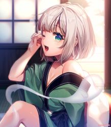 Rule 34 | 1girl, :d, blunt bangs, breasts, commentary request, green eyes, green kimono, highres, indoors, japanese clothes, kimono, knee up, konpaku youmu, konpaku youmu (ghost), niwashi (yuyu), off shoulder, one eye closed, open mouth, short hair, silver hair, sitting, small breasts, smile, solo, touhou, twitter username