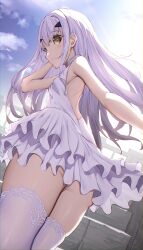 1girl absurdres ass bare_back bare_shoulders blush breasts commentary dress fate/grand_order fate_(series) frilled_dress frills hand_up highres long_hair looking_at_viewer looking_back melusine_(fate) sidelocks small_breasts solo thighhighs toukan white_dress white_hair white_thighhighs yellow_eyes